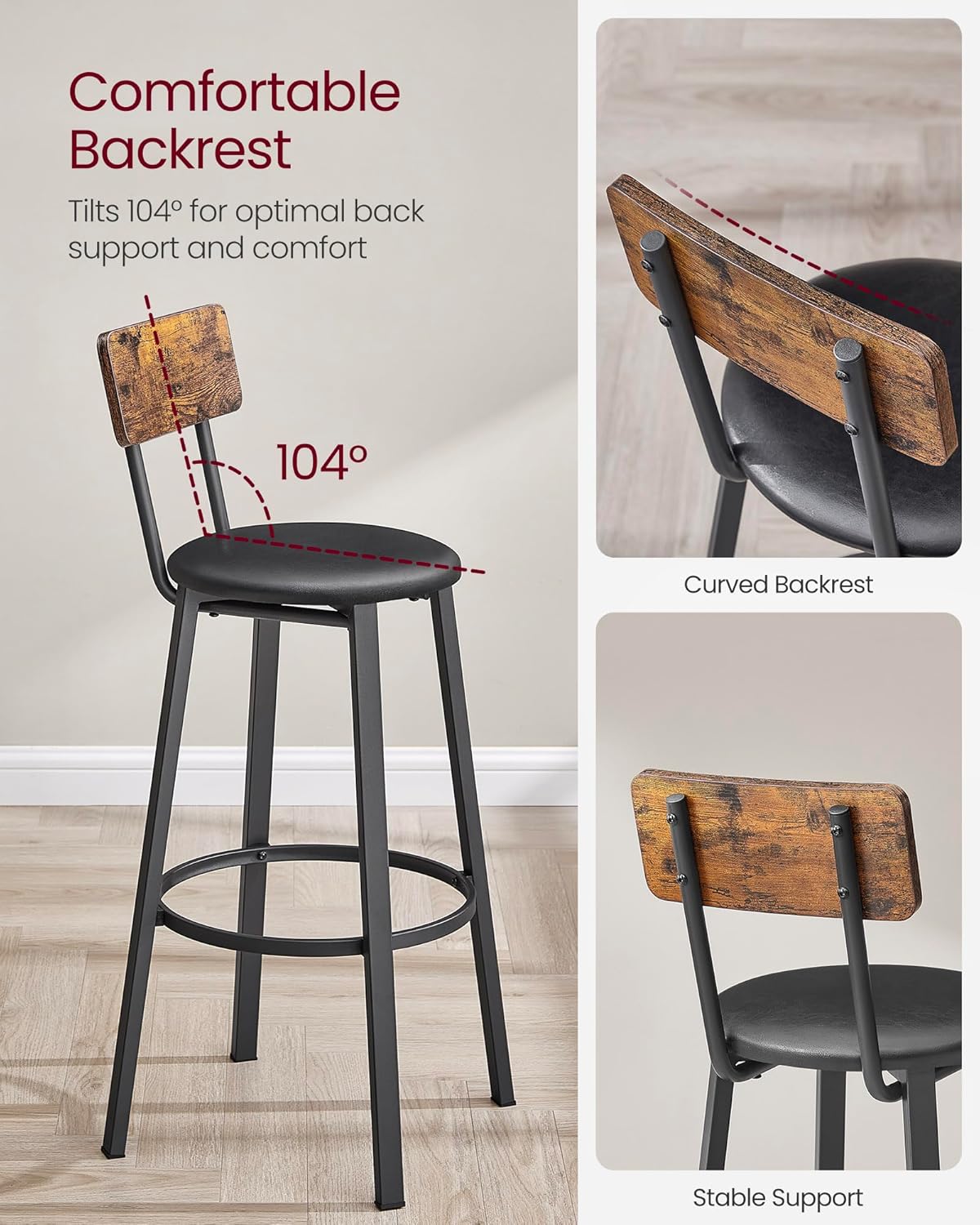 VASAGLE Bar Stools - Set of 2 PU Upholstered Breakfast Stools with Back & Footrest | Rustic Brown & Black, 29.7 Inches