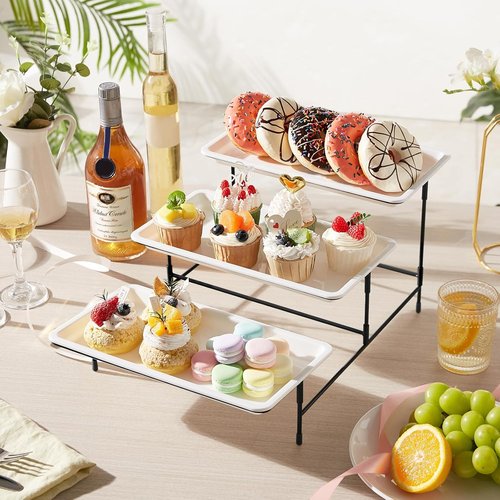Lifewit 3-Tier Serving Tray - Elegant White Plastic Dessert Display Stand | 30 x 17 cm with Black Metal Base