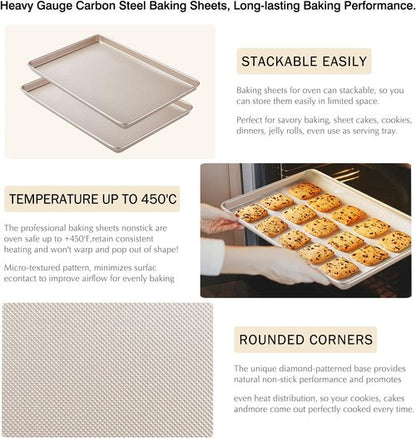 GIUOIDUO Half Sheet Baking Pans Set - Commercial Quality Non-Stick Carbon Steel | Large 17.5"x11.8" Cookie Trays