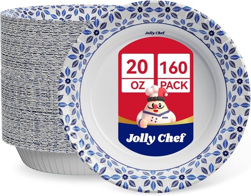 JOLLY CHEF 20 oz Heavy Duty Paper Bowls - 160 Count Soak Proof Disposable Bowls for Meals