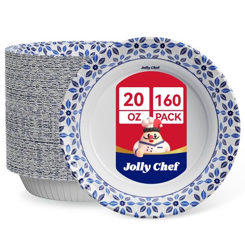 JOLLY CHEF 160 Count Paper Bowls 20 oz Soak Proof, Heavy Duty Printed Disposable Bowls Bulk for Dinner or Lunch