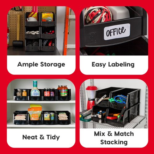 IRIS USA Large Stackable Storage Bins - 8-Pack Open Front Shelf Organizers | 13"L x 6"W x 5"H | Black