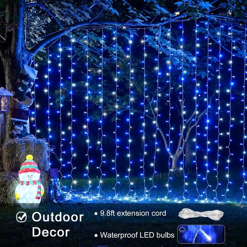 JMEXSUSS 300LED Christmas Curtain Lights - Blue & White Indoor/Outdoor Fairy Lights | 8 Modes, 9.8x9.8ft Decor