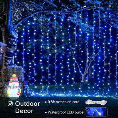 JMEXSUSS 300LED Christmas Curtain Lights - Blue & White Indoor/Outdoor Fairy Lights | 8 Modes, 9.8x9.8ft Decor