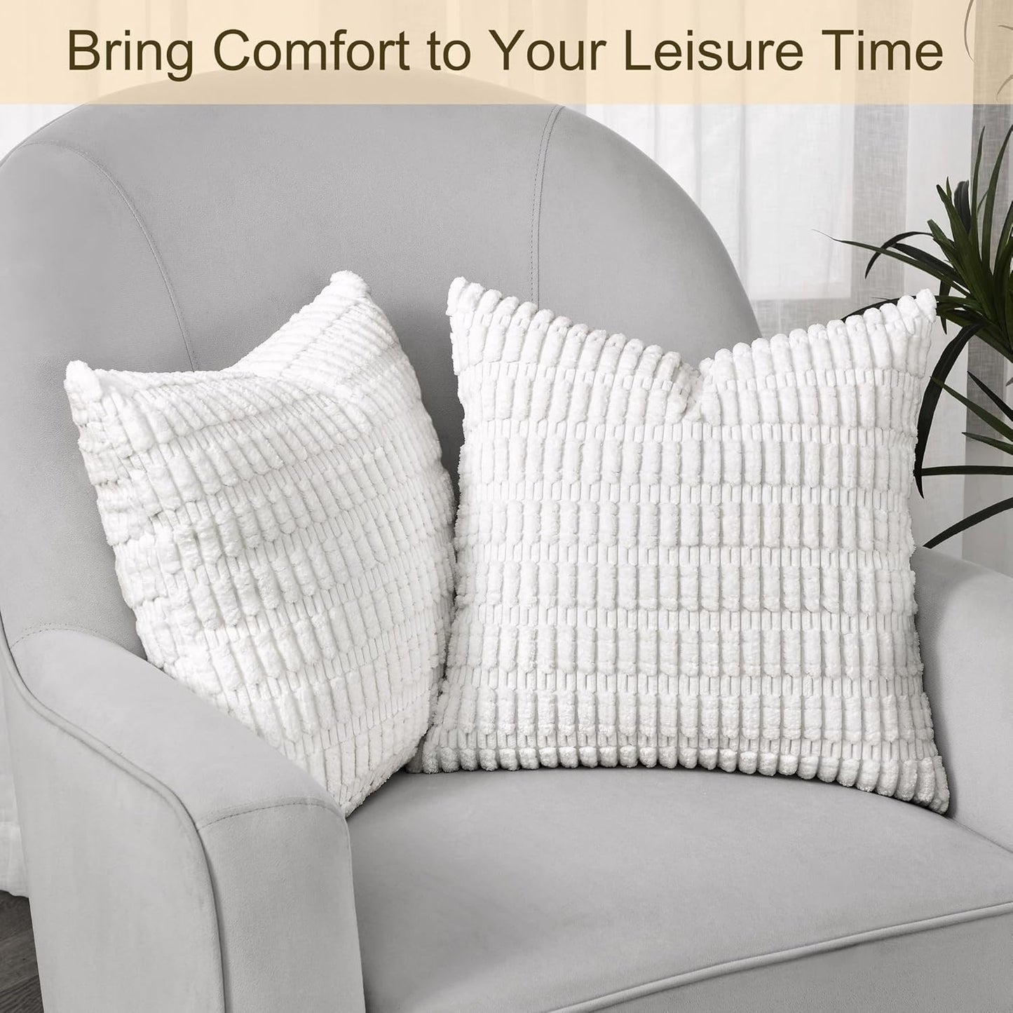 Volcanics Decorative Throw Pillow Covers - Pack of 2 Soft White Corduroy 18x18 Inch Cushions | Modern Farmhouse Decor