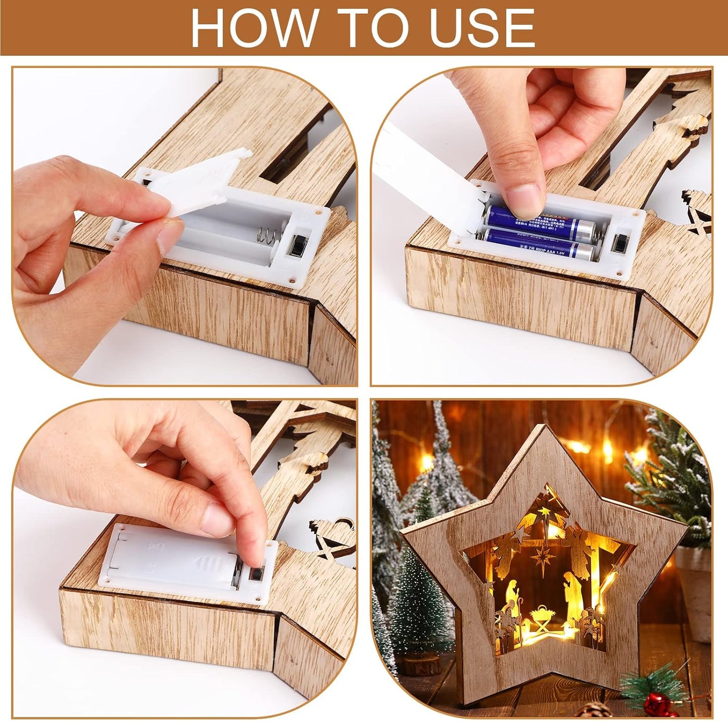 Wooden Nativity Scene Set - Rustic Christmas Tabletop Decor with LED Light for Indoor Display