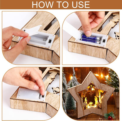 Wooden Nativity Scene Set - Rustic Christmas Tabletop Decor with LED Light for Indoor Display