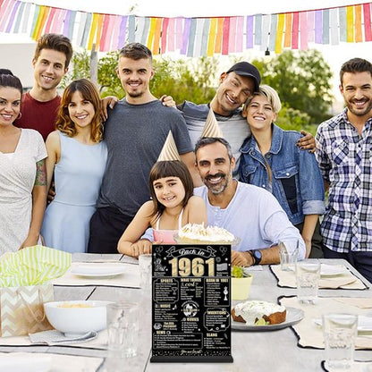 Back in 1961 65th Birthday Decorations - Two-Sided Wooden Table Sign with Stand | Black & Gold Design