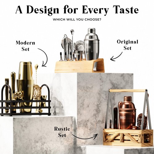 BARE BARREL® Mixology Bartender Kit Bar Set | 14-Piece Cocktail Shaker Set | Martini Barware Mixing Tools for Home Bartending | 35 Recipe Cards | Gift Set (28oz Boston Shaker, Silver/Black)