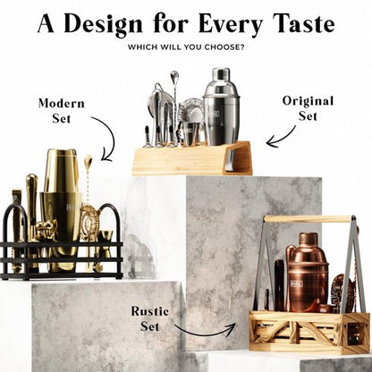 BARE BARREL® Mixology Bartender Kit Bar Set | 14-Piece Cocktail Shaker Set | Martini Barware Mixing Tools for Home Bartending | 35 Recipe Cards | Gift Set (28oz Boston Shaker, Silver/Black)