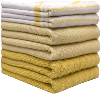 Premium Kitchen Towels 20”x 28”- 6 Pack| Large Cotton Kitchen Towels | Hand Towels for Kitchen | Flat & Terry Towel | Dish Towels | Highly Absorbent Tea Towels Set with Hanging Loop | Yellow Striped