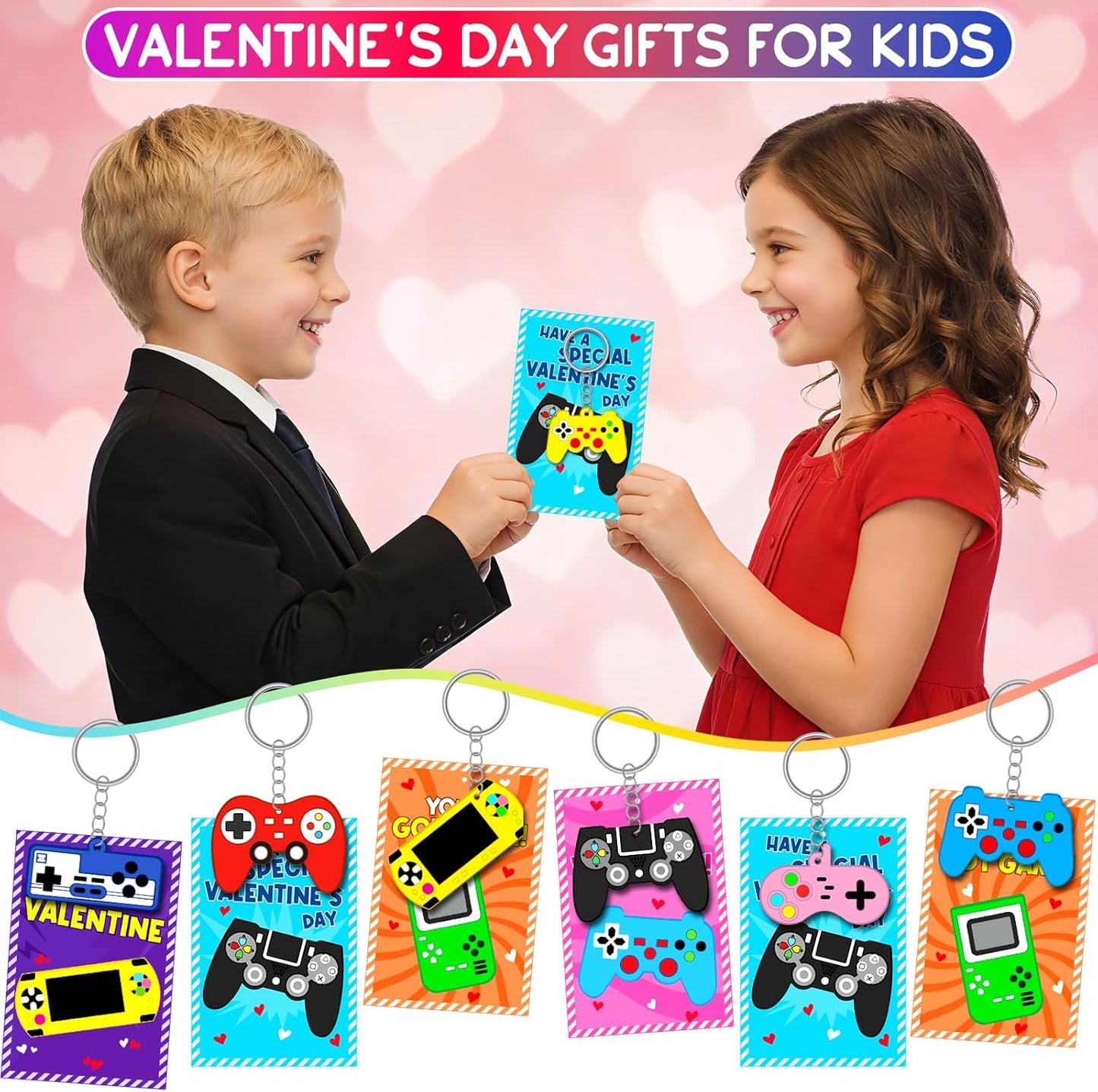 Skiennix Valentine's Day Cards - 30pcs Kids Video Game Keychains | Perfect Classroom Exchange Gifts