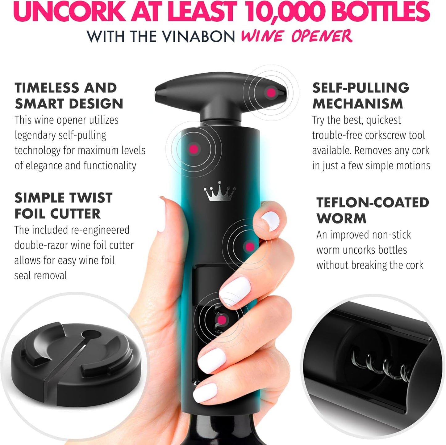 VINABON Self-Pulling Wine Opener - Updated 2026 Professional-Quality Twister Wine Corkscrews with Wine Foil Cutter - Manual Easy-Turn Wine Bottle Opener Corkscrew. Includes WineGuide Ebook