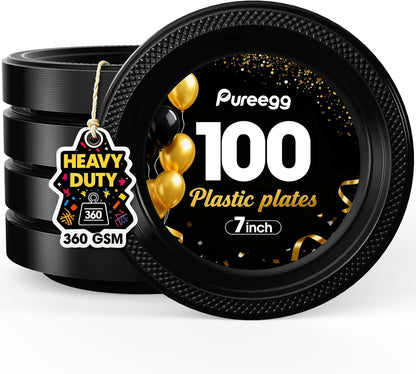 Pureegg 8-Pack White Disposable Tablecloths & 100 Heavy-Duty Black Plates | BPA-Free, Leakproof, Ideal for Parties & Picnics