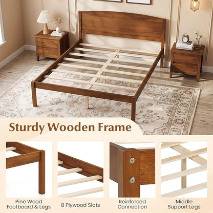 Giantex Full Size Walnut Curved Headboard Bed Frame with Slat Support - 300 lb Capacity