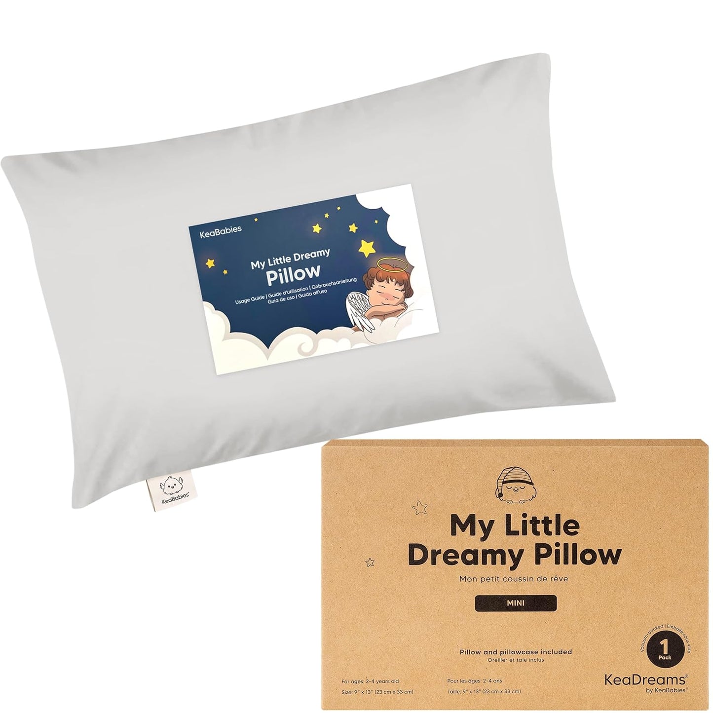 My Little Dreamy Mini Toddler Pillow - Soft & Breathable Organic Cotton | 9x13 for Kids 2-4 Years (French Gray)
