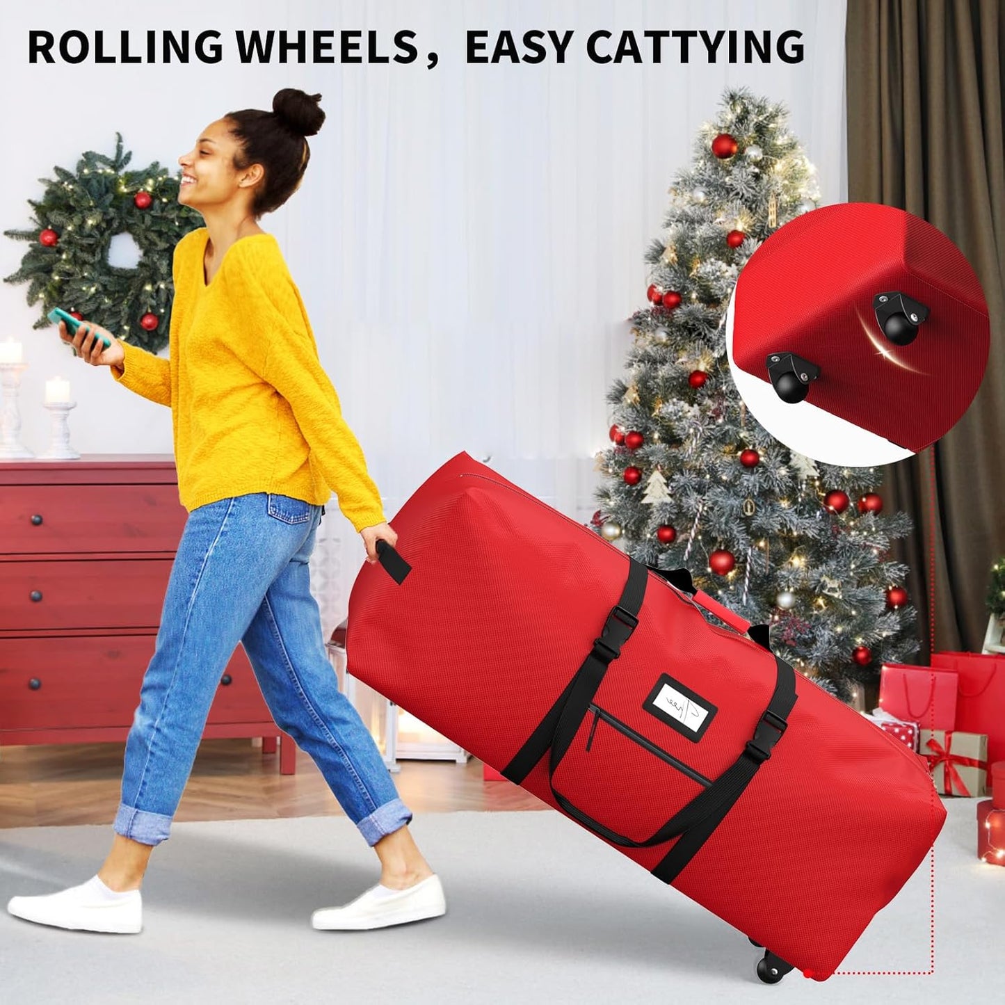 Rolling Christmas Tree Storage Bag - Extra Large Fits Up to 7.5 ft Trees | Dust & Moisture Resistant (Red)