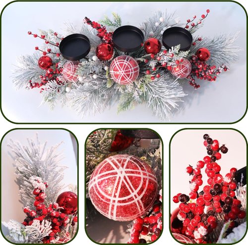 Christmas Candle Holder Centerpiece - Red Ornaments & Berries with Frosted Pine Branches | Holiday Table Decoration