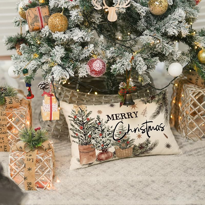 Merry Christmas Eucalyptus Red Berries Throw Pillow Cover 20" x 12" — Winter Holiday Cushion Case