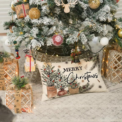 Merry Christmas Eucalyptus Red Berries Throw Pillow Cover 20" x 12" — Winter Holiday Cushion Case
