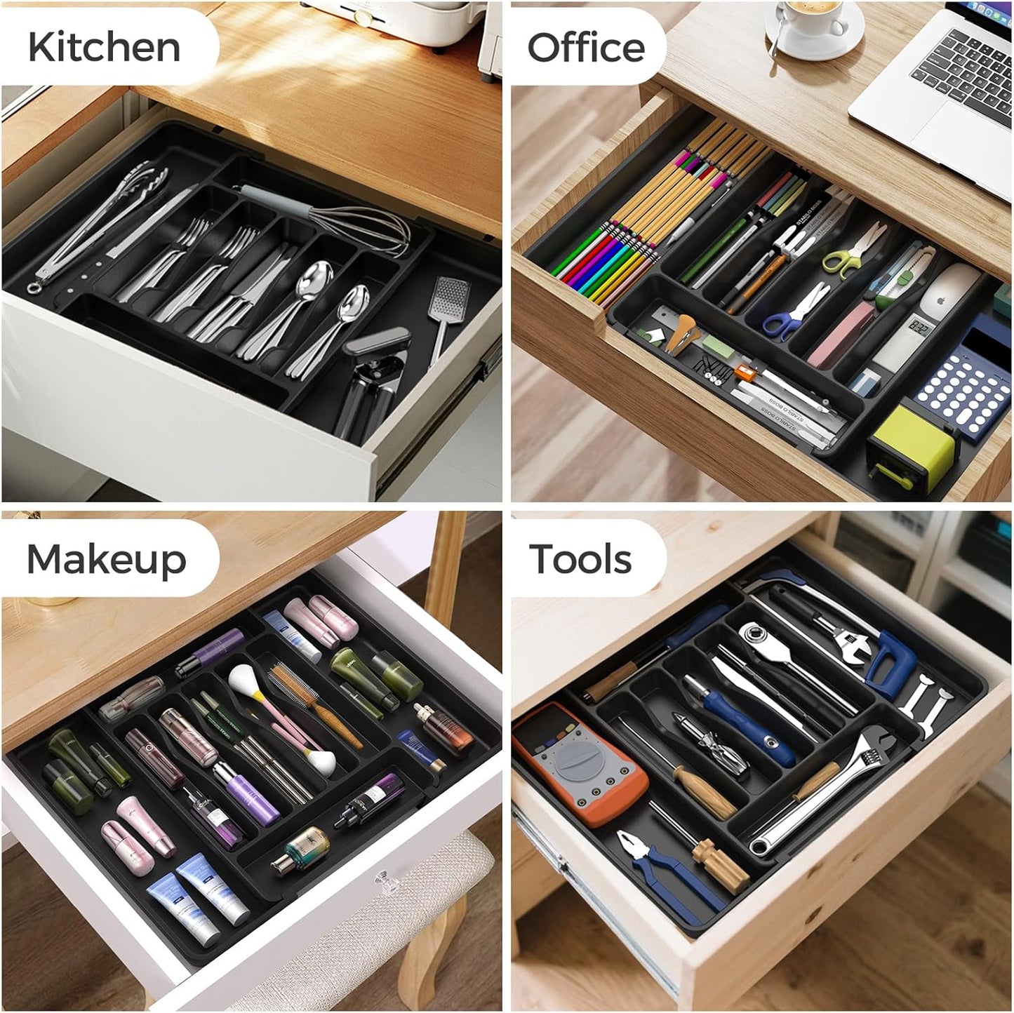 Ukeetap Extra Large Expandable Silverware Organizer - BPA-Free Cutlery Drawer Holder | Adjustable Black Design