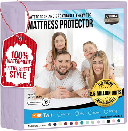 Utopia Bedding Waterproof Mattress Protector Twin Size, Premium Terry Mattress Cover 200 GSM, Breathable, Fitted Style with Stretchable Pockets (Lavender)