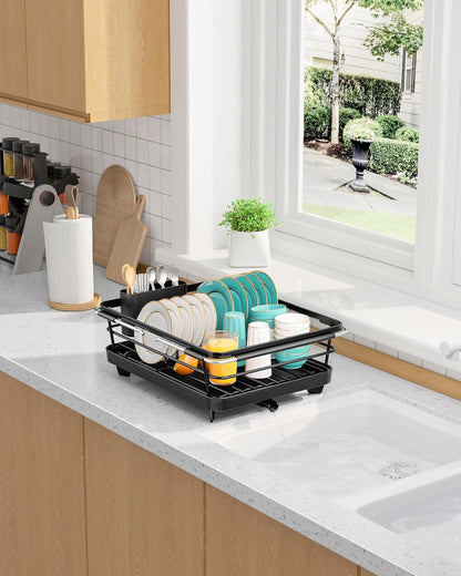 Skiennix Extendable Dish Drying Rack - Over Sink Storage with Utensil Holder | 12" W x 16.1~23" L, Black
