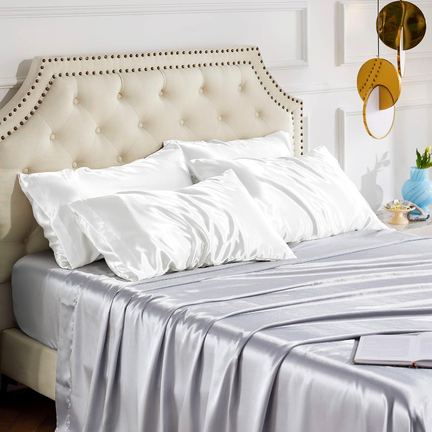 Bedsure Satin Pillowcase Set of 4 - Pure White Silky Pillowcases for Hair & Skin | 20x30 Inches