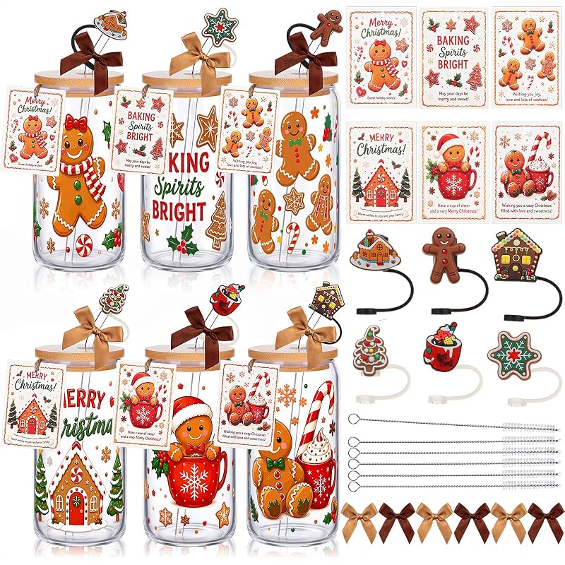 6 Pcs Christmas Glass Cups with Lids, Straws & Stoppers - Gingerbread Man (Variation of THIS listing: 6+Gingerbread Man)