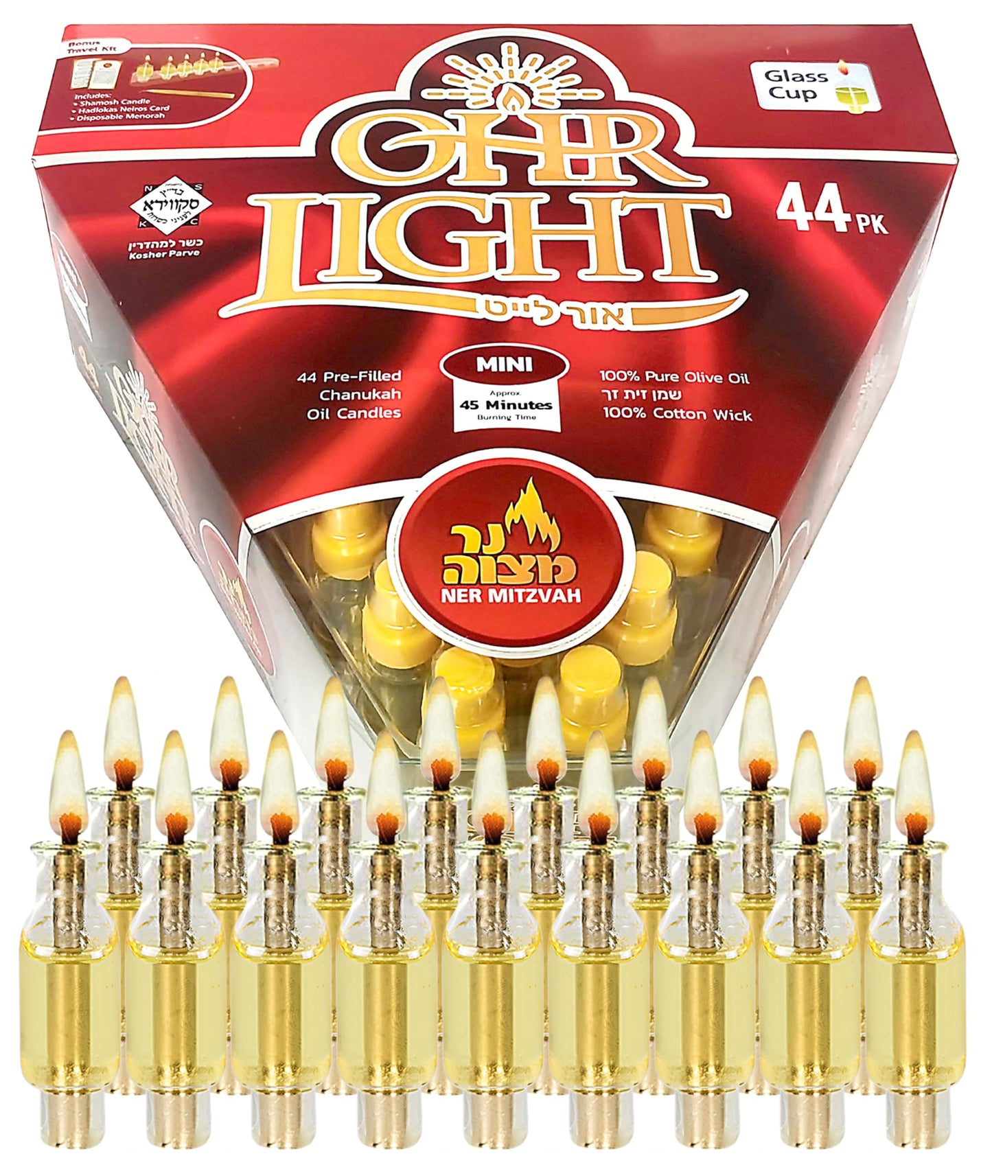 Ner Mitzvah Pre Filled Hanukkah Menorah Oil Cups, 100% Olive Oil Menorah Cups with Wick Ready to Use, Ohr Lights (Pack of 44), X - Small (Burns Approx 45 Minutes)
