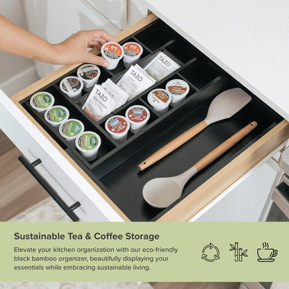 KitchenEdge Tea Bag and Coffee Pod Kitchen Drawer Organizer, Expandable 9.7 to 17 Inches, 10 Storage Compartments, Adjustable Wall Inserts, Non-Slip Feet, Food-Safe Black Finish, 100% Bamboo Wood