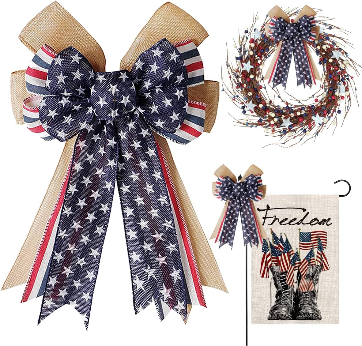 Patriotic Decor Bows | Burlap Red, White & Blue Stripe Stars Tree Topper Bow for 4th of July