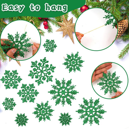 Skiennix Dark Green Christmas Snowflake Ornaments - 36Pcs Glitter Hanging Decor for Holiday Home & Winter Parties