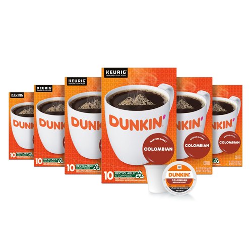Dunkin’ Colombian Medium Roast Coffee, Keurig K-Cup Pods, 10 Count Boxes (Pack of 6)