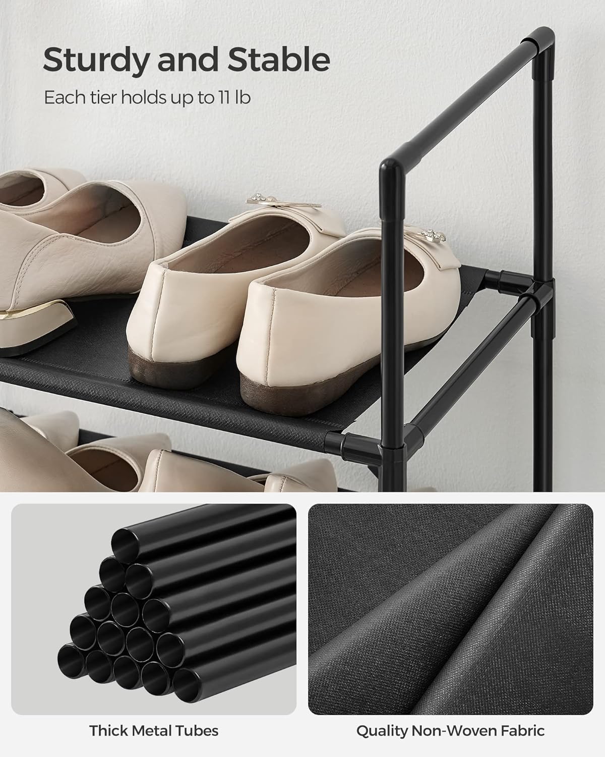 SONGMICS 10-Tier Shoe Rack - Metal Frame Shoe Storage Organizer | 11 x 17.7 x 68 Inches, Black