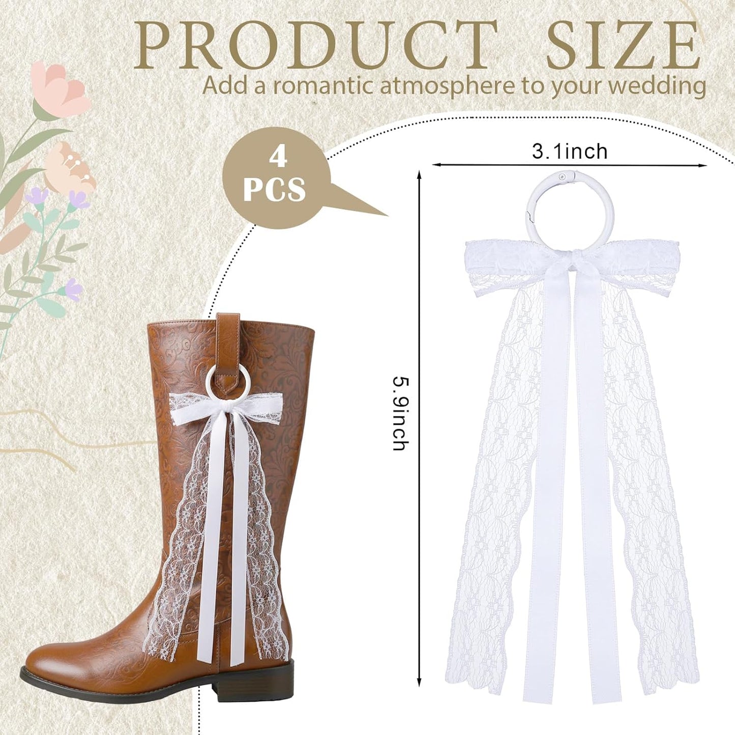 Skiennix White Ribbon Boot Bows - 4 Pcs Removable Lace Clips for Cowgirl Boots | Wedding & Bridal Decor