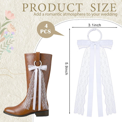 Skiennix White Ribbon Boot Bows - 4 Pcs Removable Lace Clips for Cowgirl Boots | Wedding & Bridal Decor