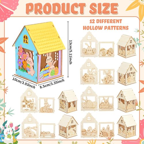 Jenaai Easter Wooden House Craft Set - 24 DIY 3D Bunny Village Decorations for Spring Celebrations