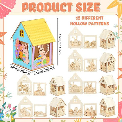 Jenaai Easter Wooden House Craft Set - 24 DIY 3D Bunny Village Decorations for Spring Celebrations