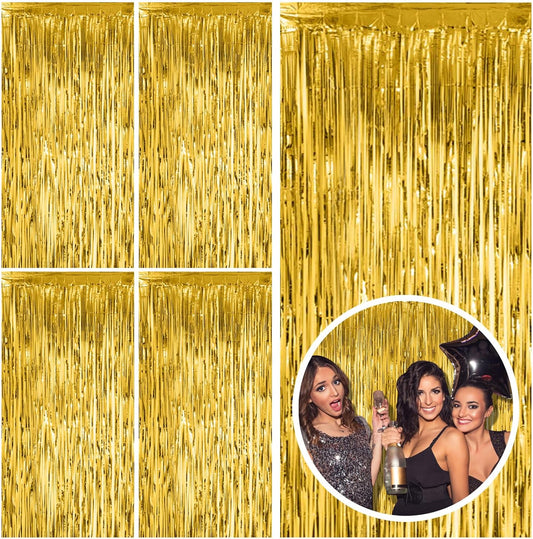 Skiennix Gold Fringe Curtain Backdrop - 5 Pack Tinsel Streamers for Parties & Events | Perfect for Birthdays, Christmas, & Graduations