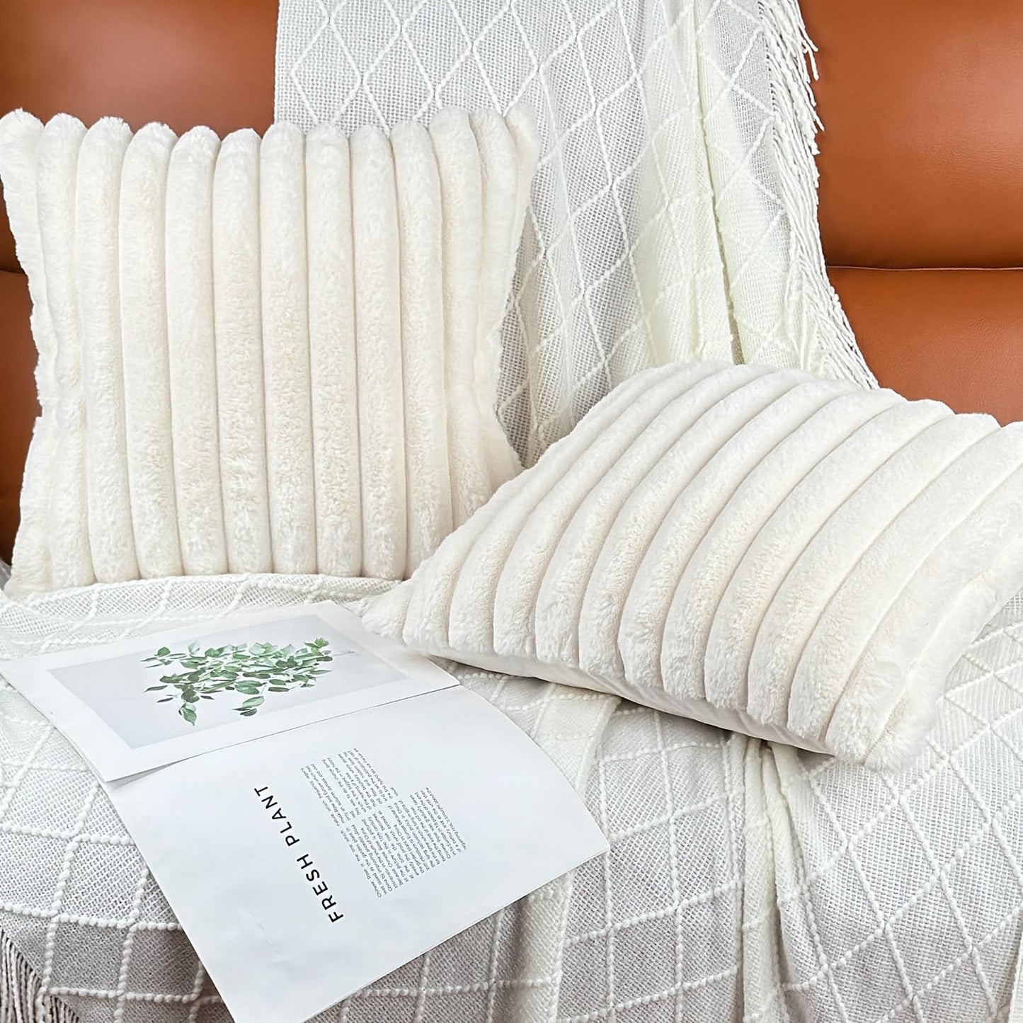 Skiennix 18x18 Throw Pillow Covers - Soft Fluffy Faux Fur & Velvet Back, Set of 2 - Cream White Home Décor