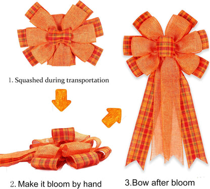 Skiennix Fall Bows - 2 Pack Halloween & Thanksgiving Wreath Decorations | Orange Buffalo Plaid Design