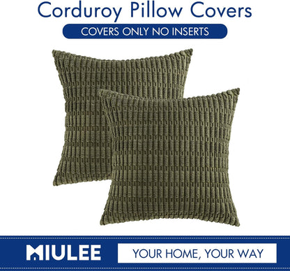MIULEE Decorative Throw Pillow Covers - Soft Boho Striped Corduroy | 18x18 Inch Olive Green, Pack of 2