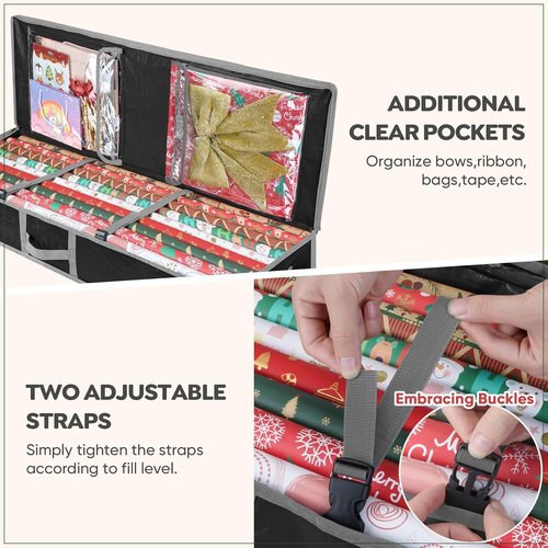 BALEINE Soft Christmas Wrapping Paper Storage Bag - 40" Durable PE with Flexible Partitions & Pockets (Black)