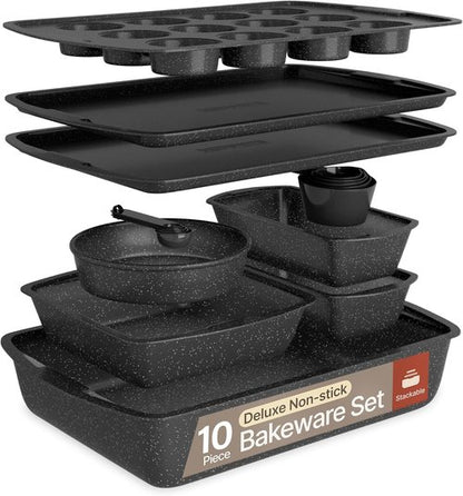 Gray Marble 10-Piece Bakeware Set - Nonstick Carbon Steel, Space-Saving Design, Dishwasher Safe, Oven Safe Up to 450°F