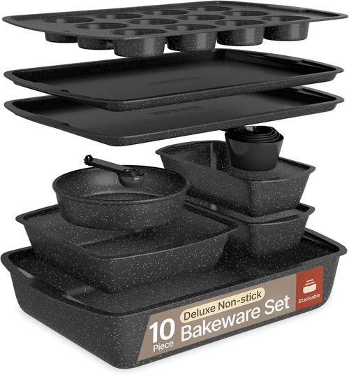 Gray Marble 10-Piece Bakeware Set - Nonstick Carbon Steel, Space-Saving Design, Dishwasher Safe, Oven Safe Up to 450°F