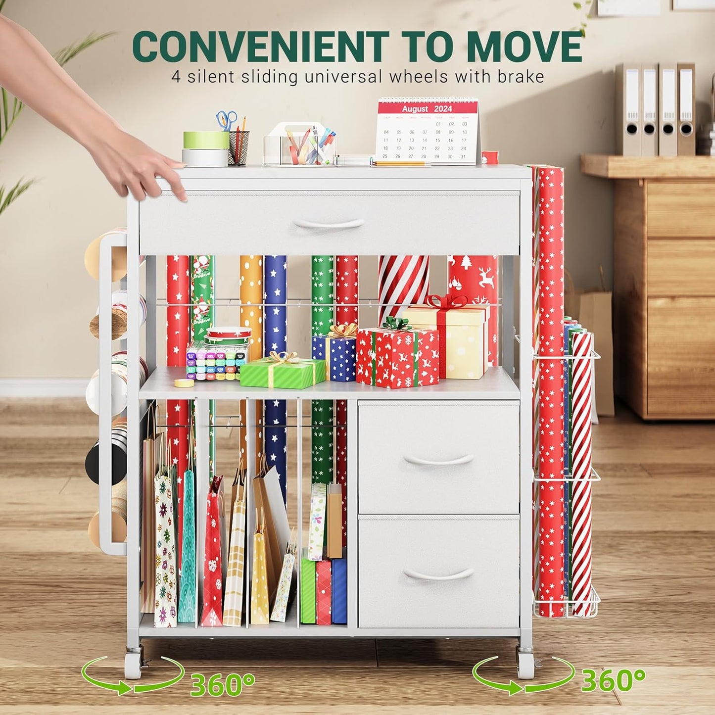 PUNLUXU Wrapping Paper Storage Cart - Rolling Gift Wrap Station with Ribbon & Gift Bag Holder