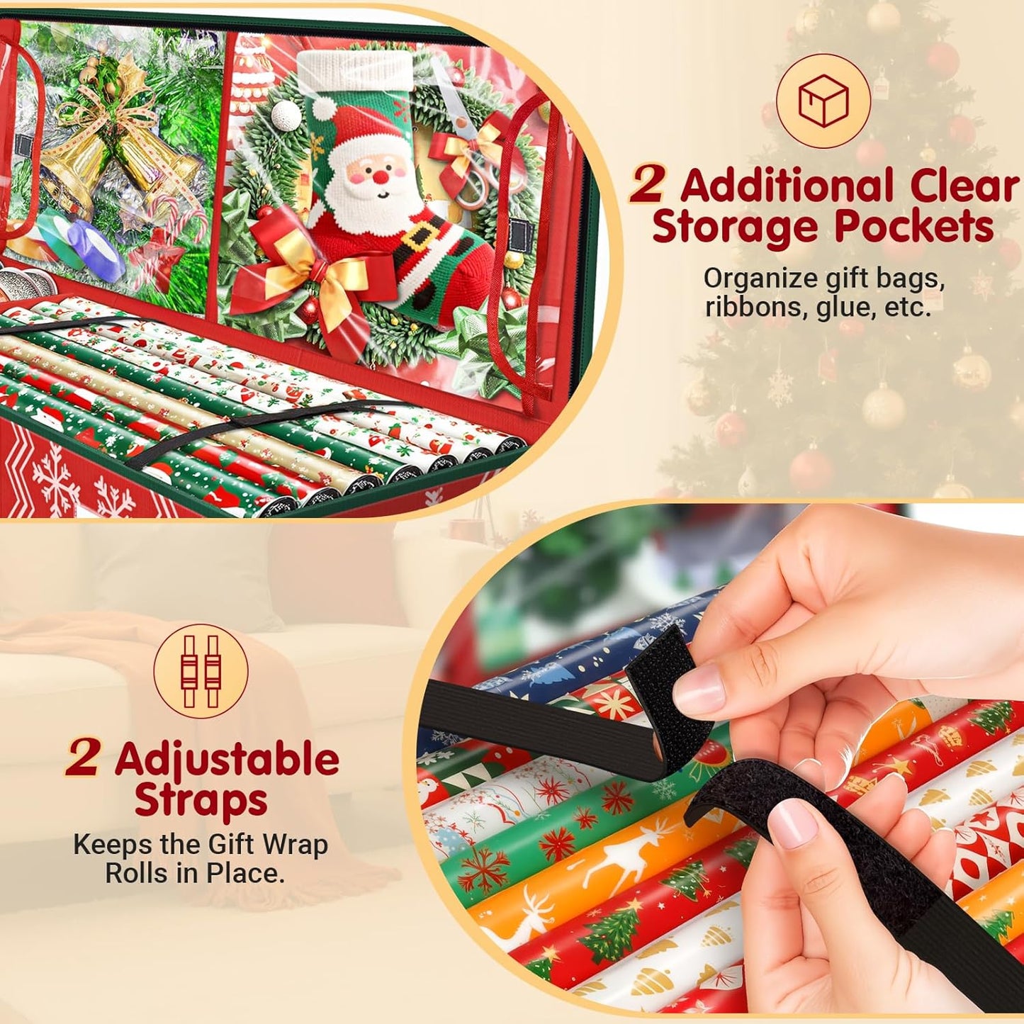 Skiennix Christmas Wrapping Paper Organizer - Flexible Partition & Pockets for Holiday Storage | Red Wave & Snowflake Design