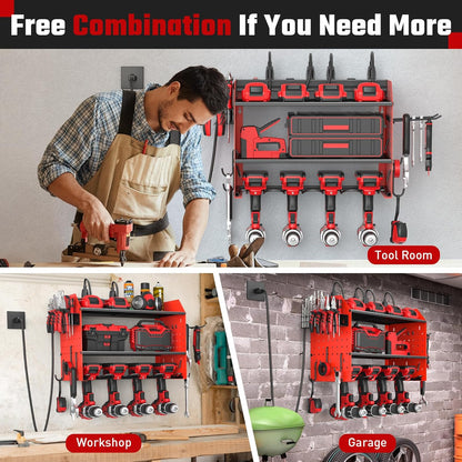 ZESEN Power Tool Organizer - Heavy-Duty 3-Layer Wall Mount Shelf with Charging Station & Hooks | Red