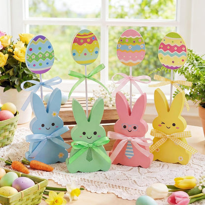 Wooden Bunny & Egg Peeps Signs by Easter Decor | 8 PCS with Hemp Rope Ribbon for Home Decor
